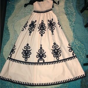 SHEIN Cream Maxi Dress with Navy Embroidery